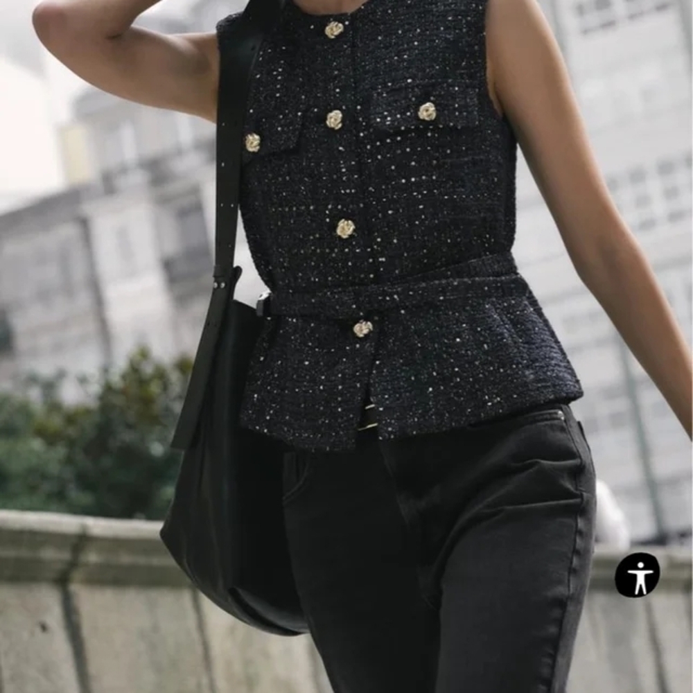 ✨ ZARA Blue & Gold Tweed Sleeveless Vest Top – Size Medium ✨